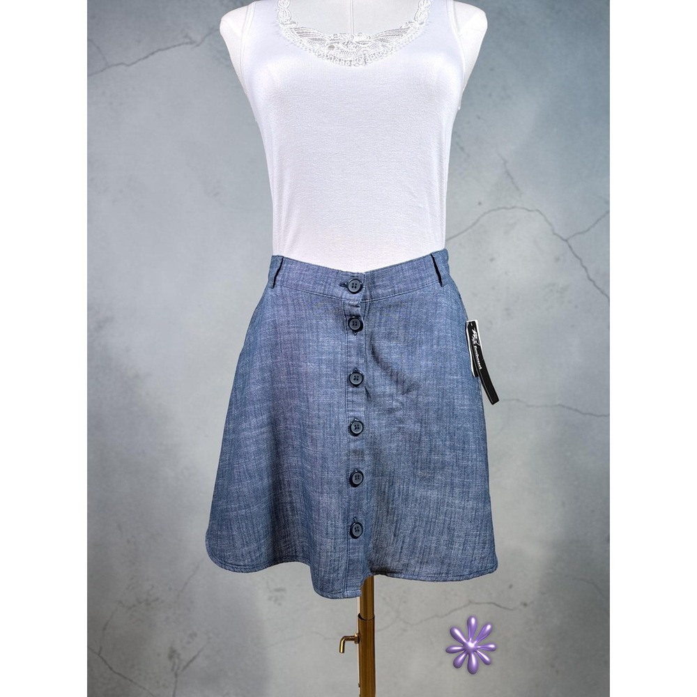 JOE B Skirt Juniors Medium Light Blue Chambray Button Front A-Line Cotton NWT
